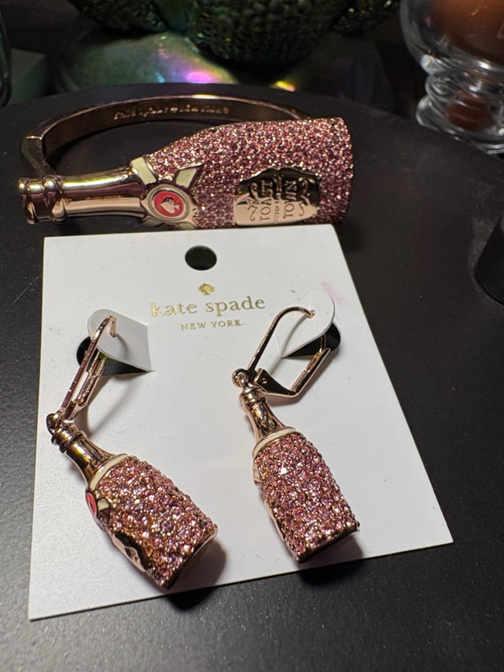 kate spade Rose Gold & Pink Glitter Champagne Bottle Dangle Earrings & Bracelet
